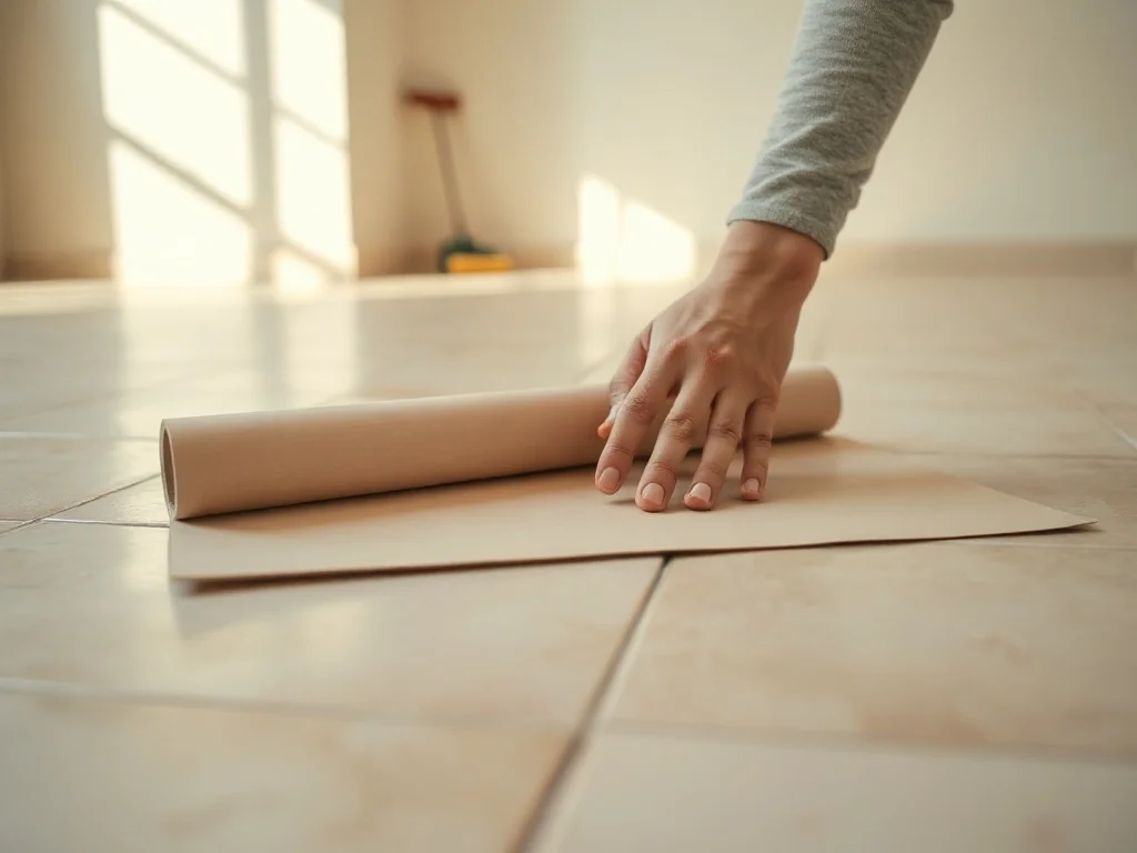 Ręce układające jasne linoleum na stare płytki ceramiczne, wyrównywanie powierzchni prostym narzędziem podczas prac DIY