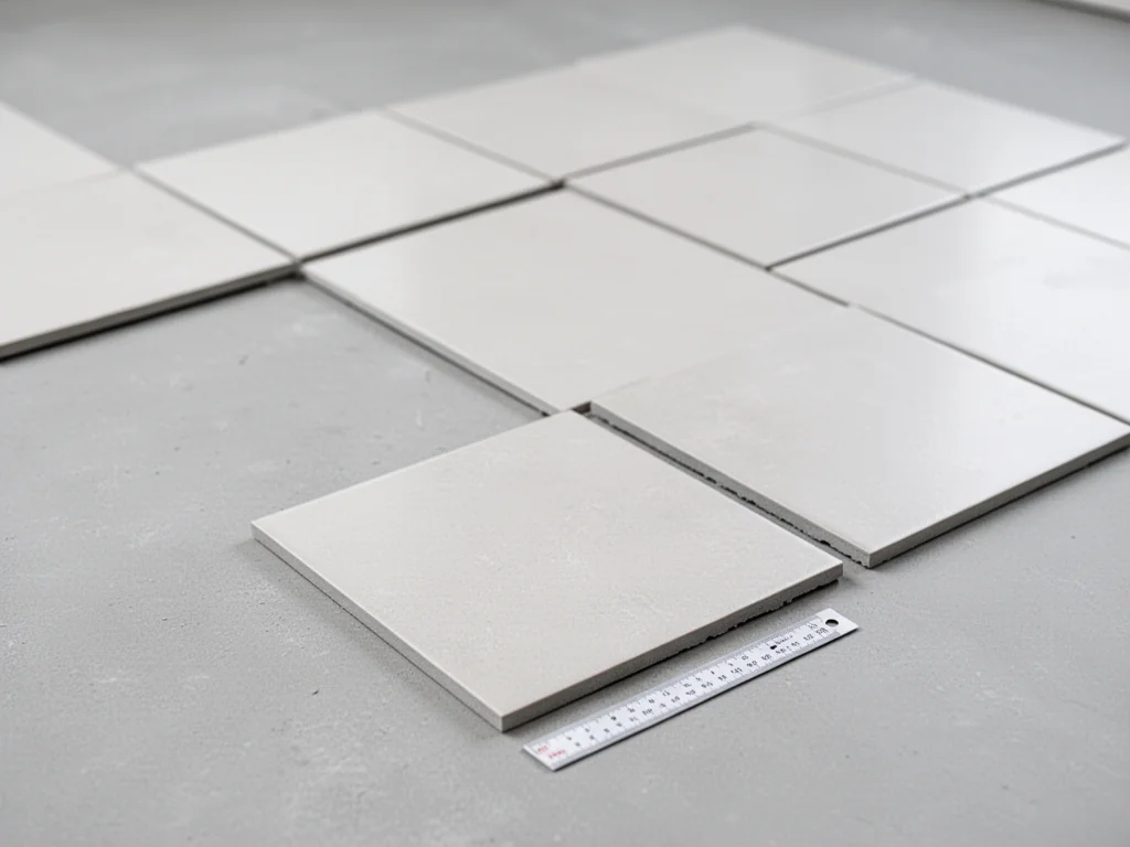Płytki ceramiczne 30x30 cm na jasnej podłodze z miarką, ilustrujące obliczanie zużycia płytek na 1 m².