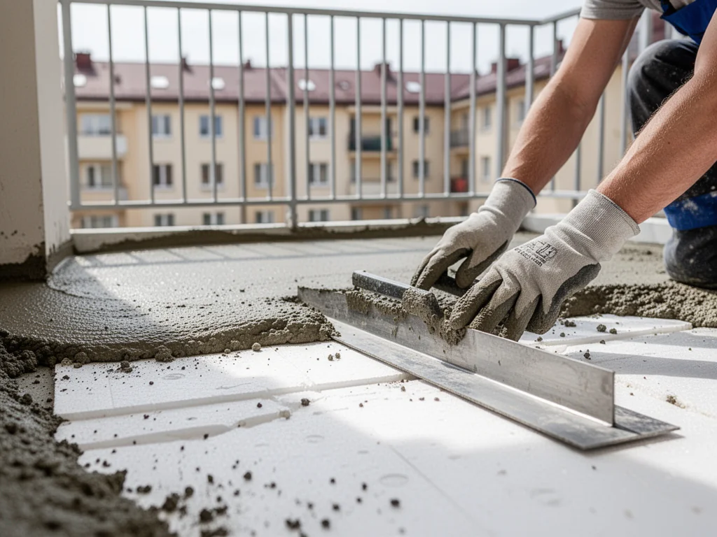 Ręce wykonawcy wyrównują świeżą wylewkę betonową na balkonie na styropianie, z użyciem aluminiowej łaty.