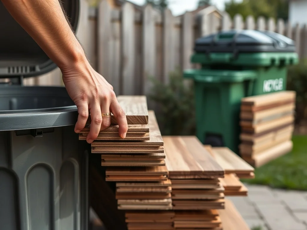 Osoba trzyma stos starych paneli podłogowych przy otwartym śmietniku, w tle pojemnik do recyklingu.