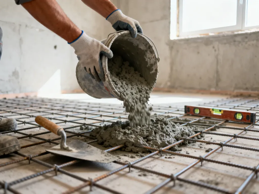 Pracownik wylewa cement na zbrojoną siatką posadzkę, obok leżą narzędzia do poziomowania i wygładzania powierzchni.