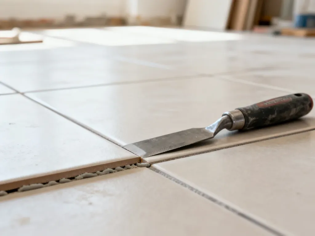 Profesjonalne dłuto metalowe przyłożone do krawędzi płytki ceramicznej podczas prac remontowych.
