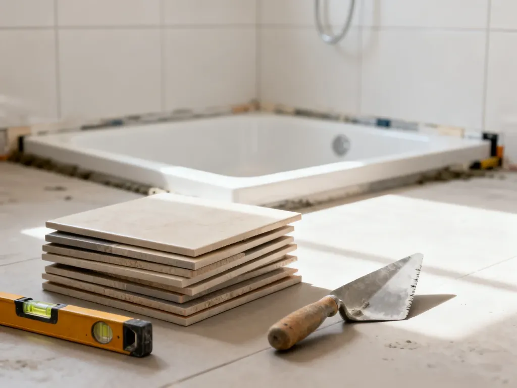 Narzędzia i płytki ceramiczne przygotowane do montażu brodzika w nowoczesnej łazience.