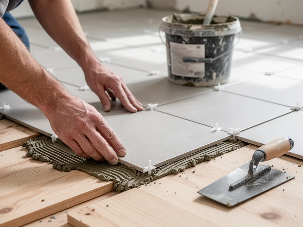 Ręce fachowca układają płytki ceramiczne na drewnianej podłodze z zaprawą i krzyżykami dystansowymi podczas remontu DIY.